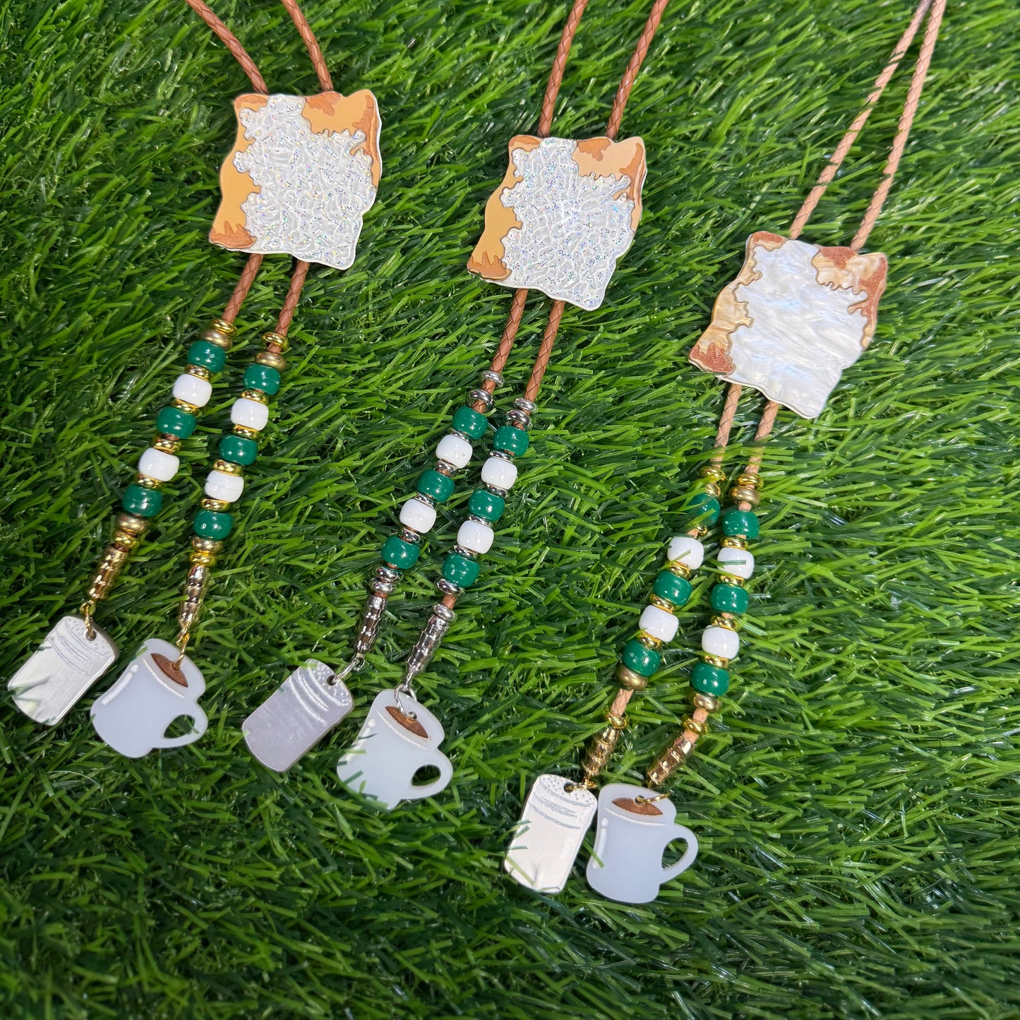 Beignet Bolo Tie - Green Beads and Charms
