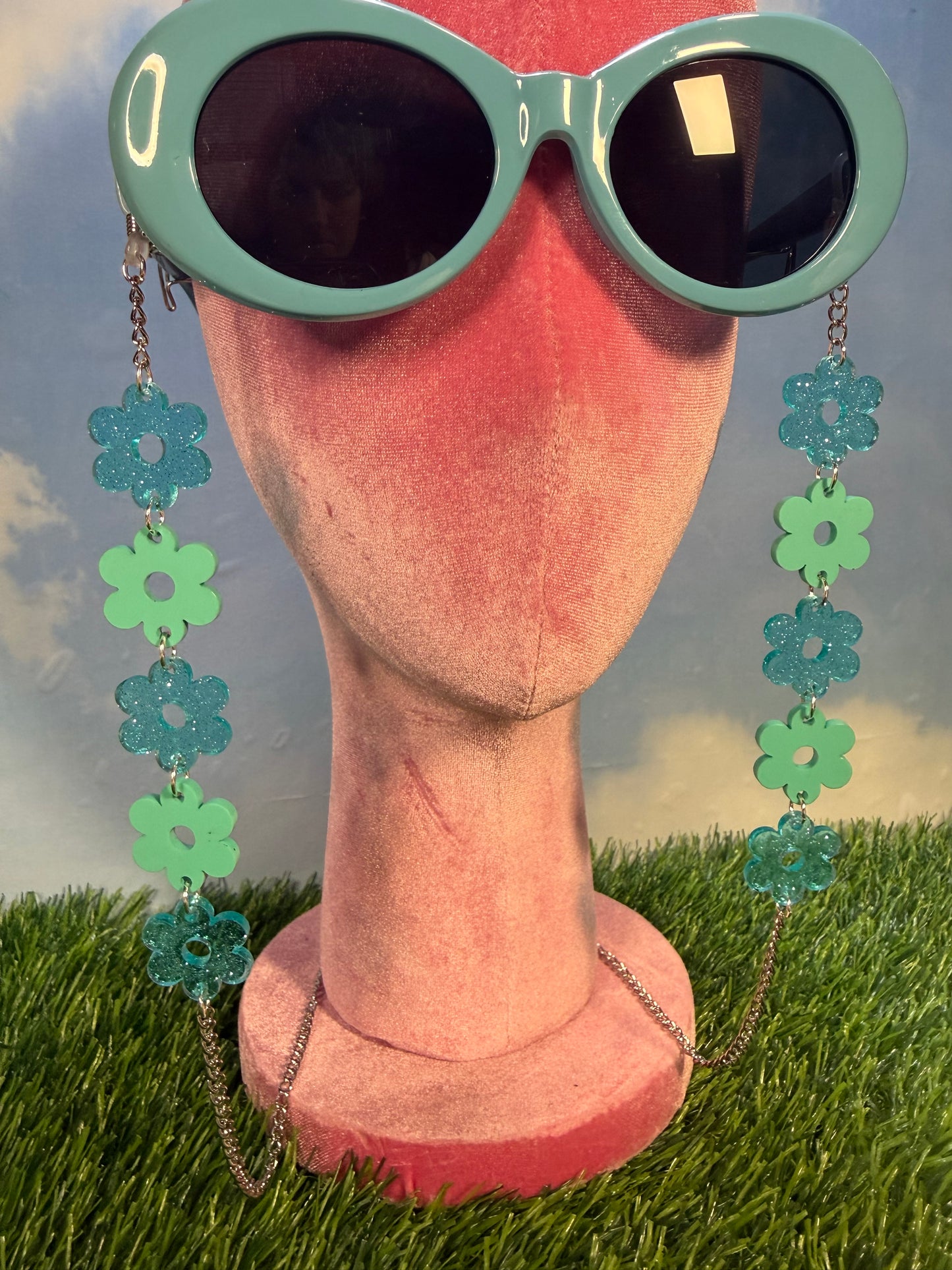 Aqua Blue Flower Sunglasses Chain