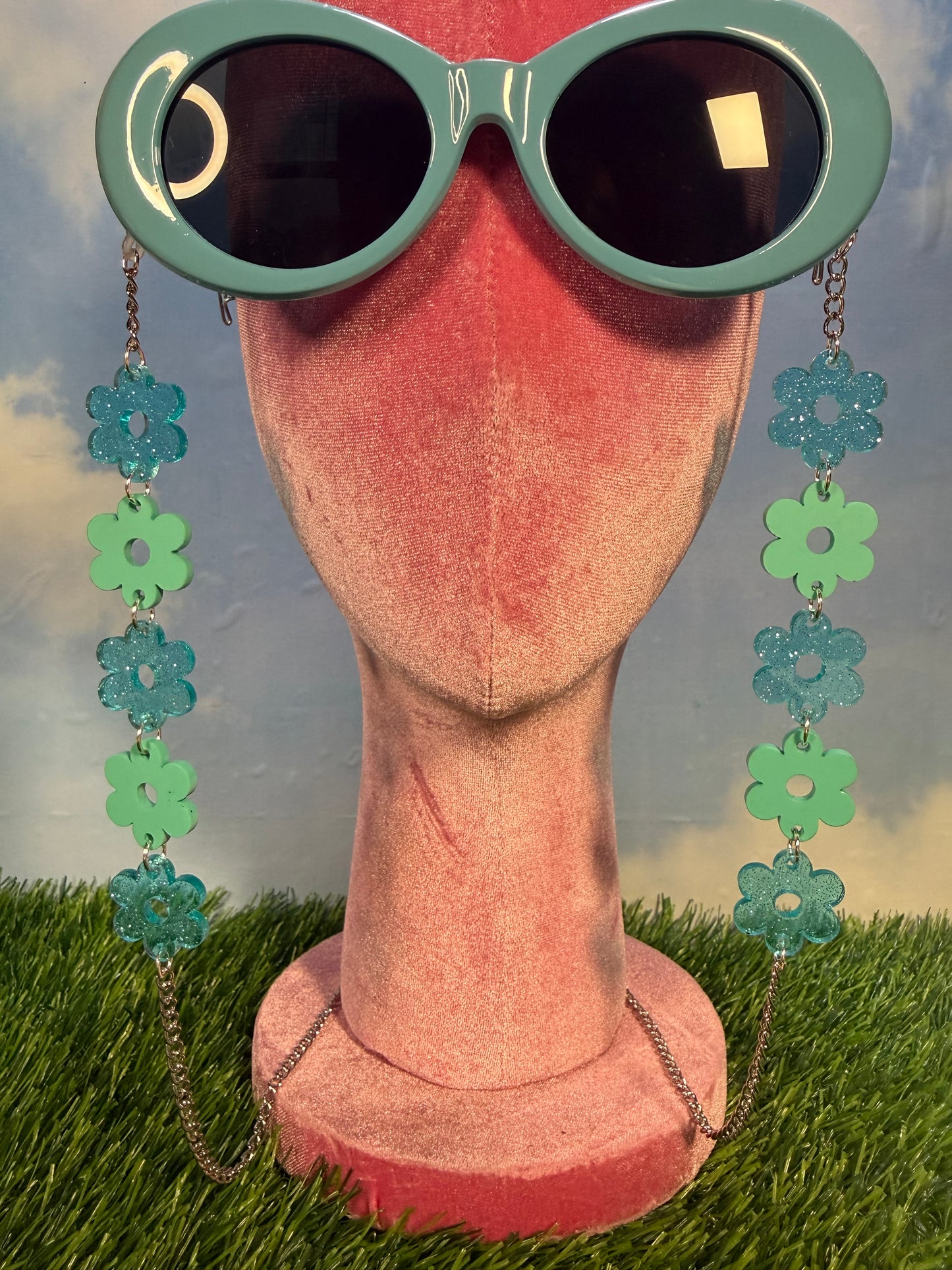 Aqua Blue Flower Sunglasses Chain