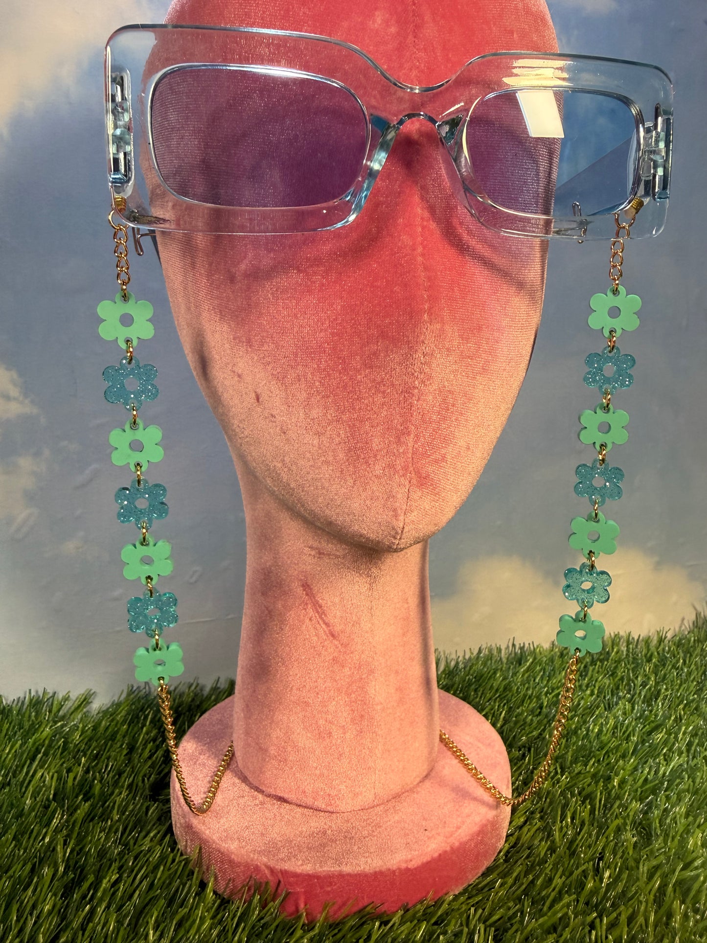 Aqua Blue Flower Sunglasses Chain