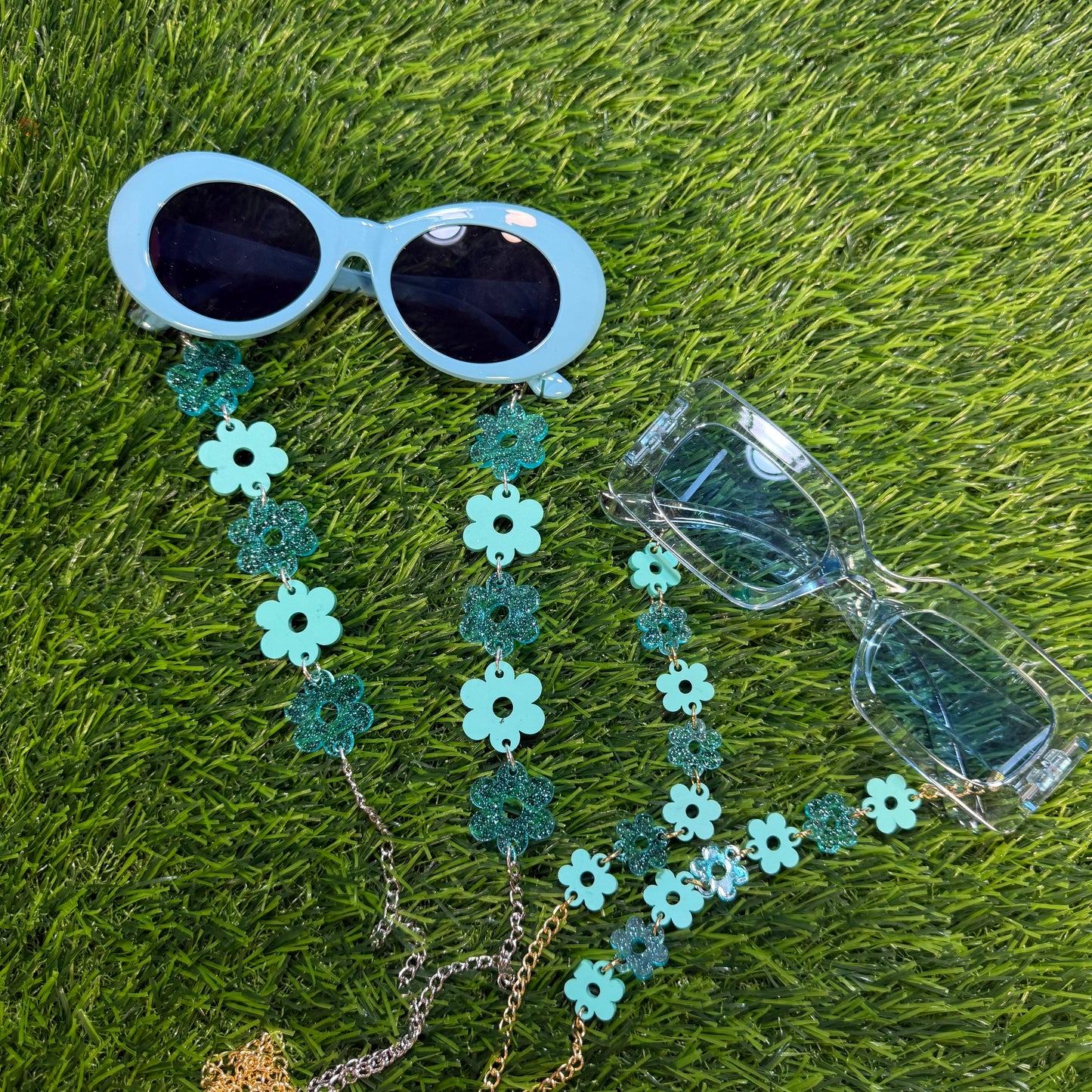 Aqua Blue Flower Sunglasses Chain