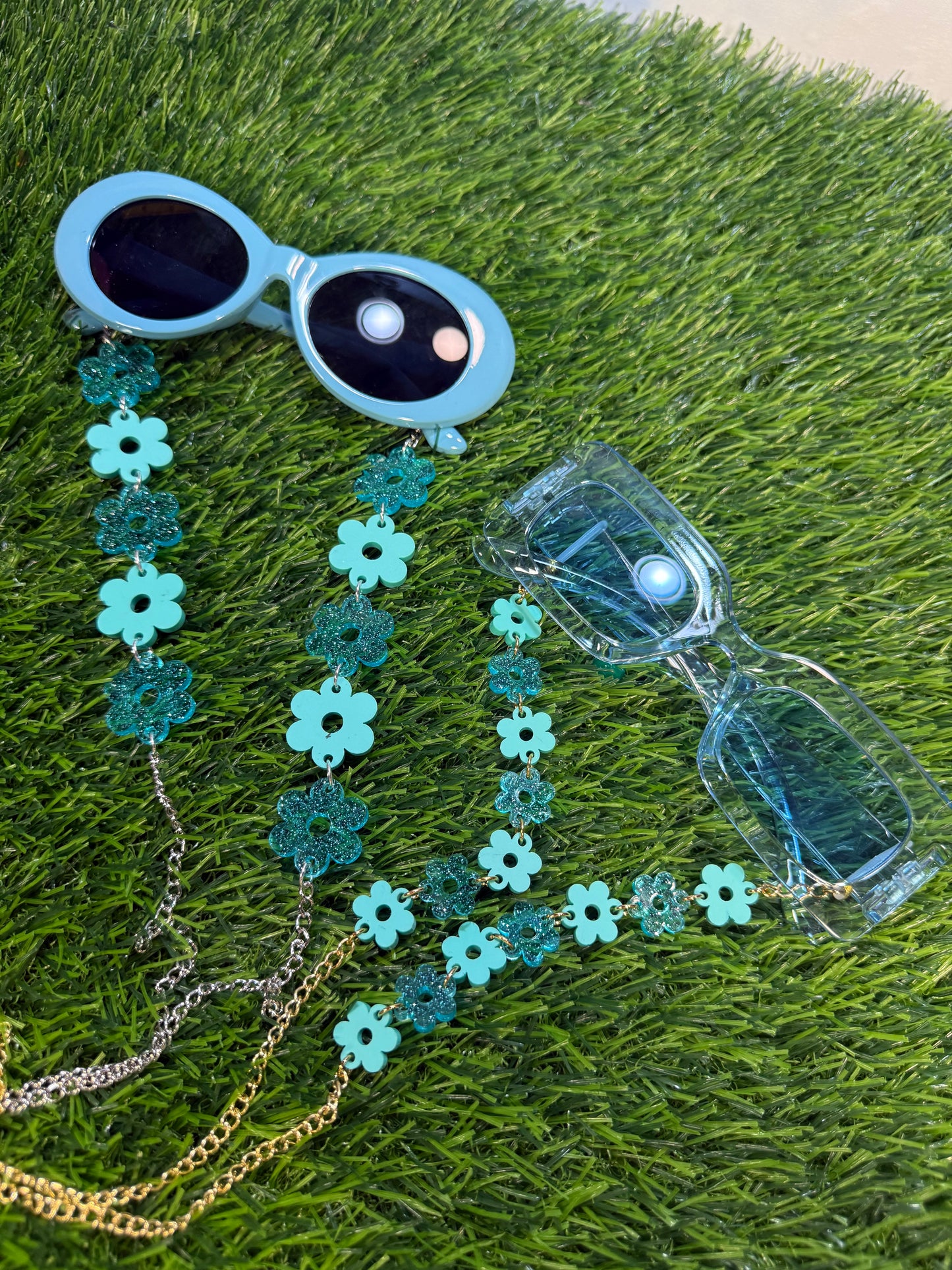 Aqua Blue Flower Sunglasses Chain