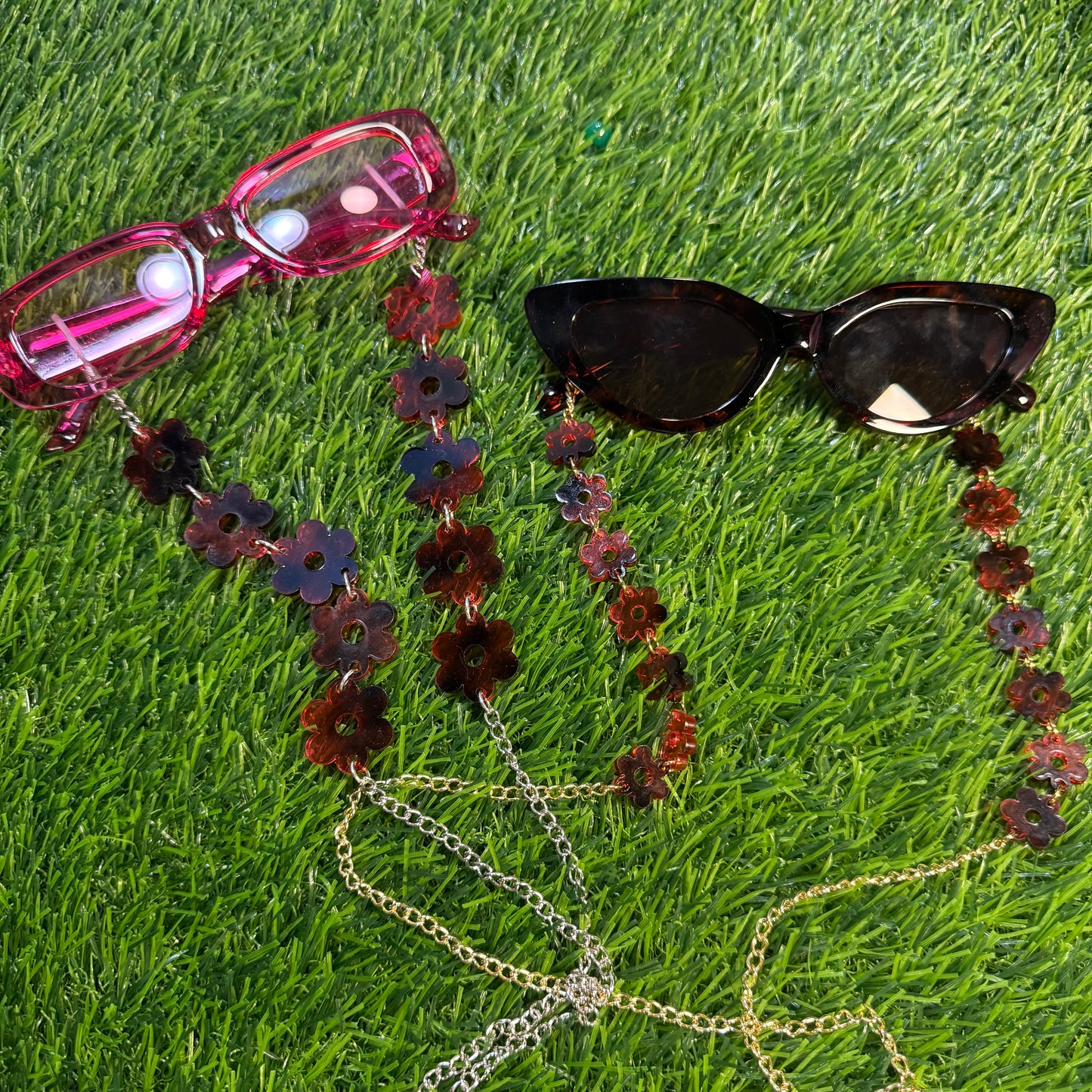 Pink Tortoise Shell Flower Sunglasses Chain