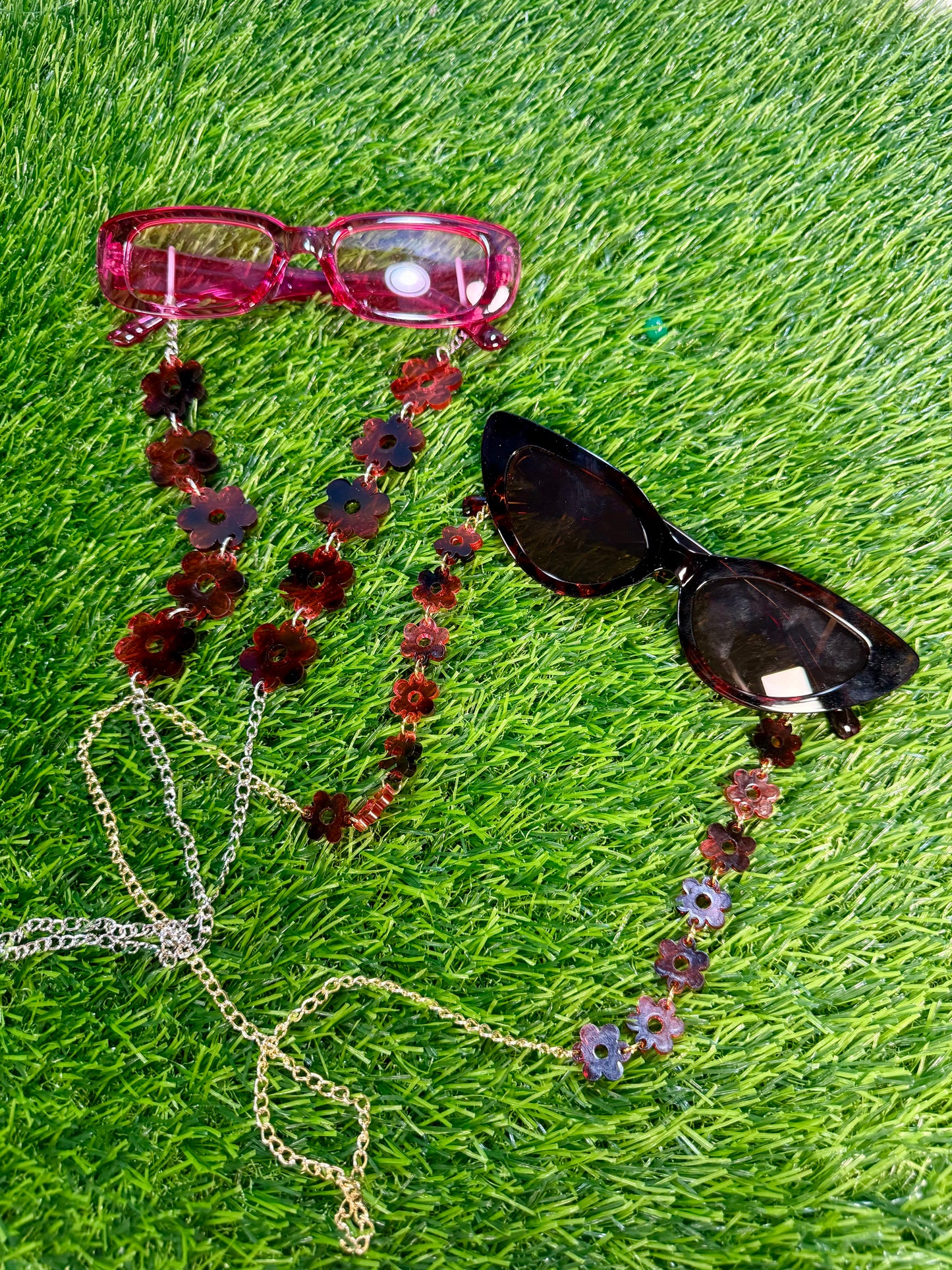 Pink Tortoise Shell Flower Sunglasses Chain