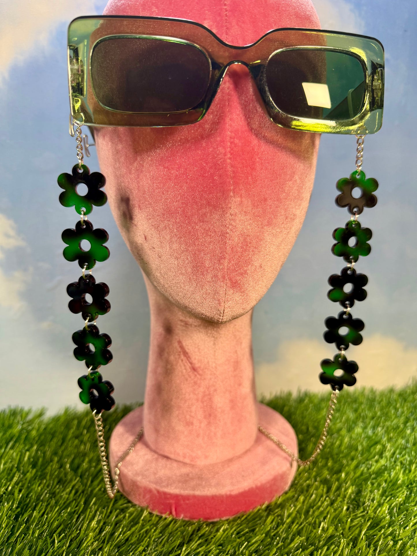 Green Tortoise Shell Flower Sunglasses Chain