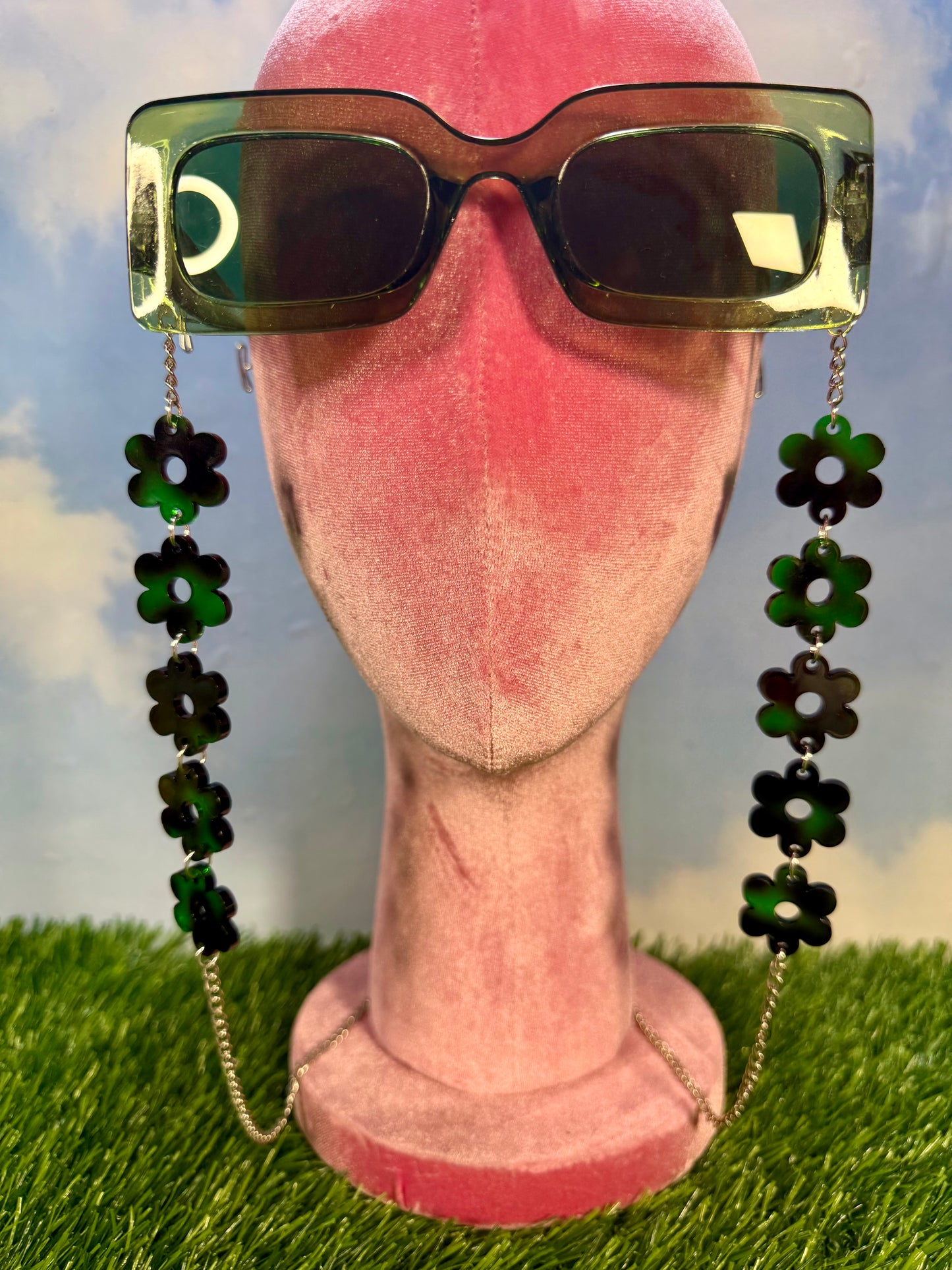 Green Tortoise Shell Flower Sunglasses Chain