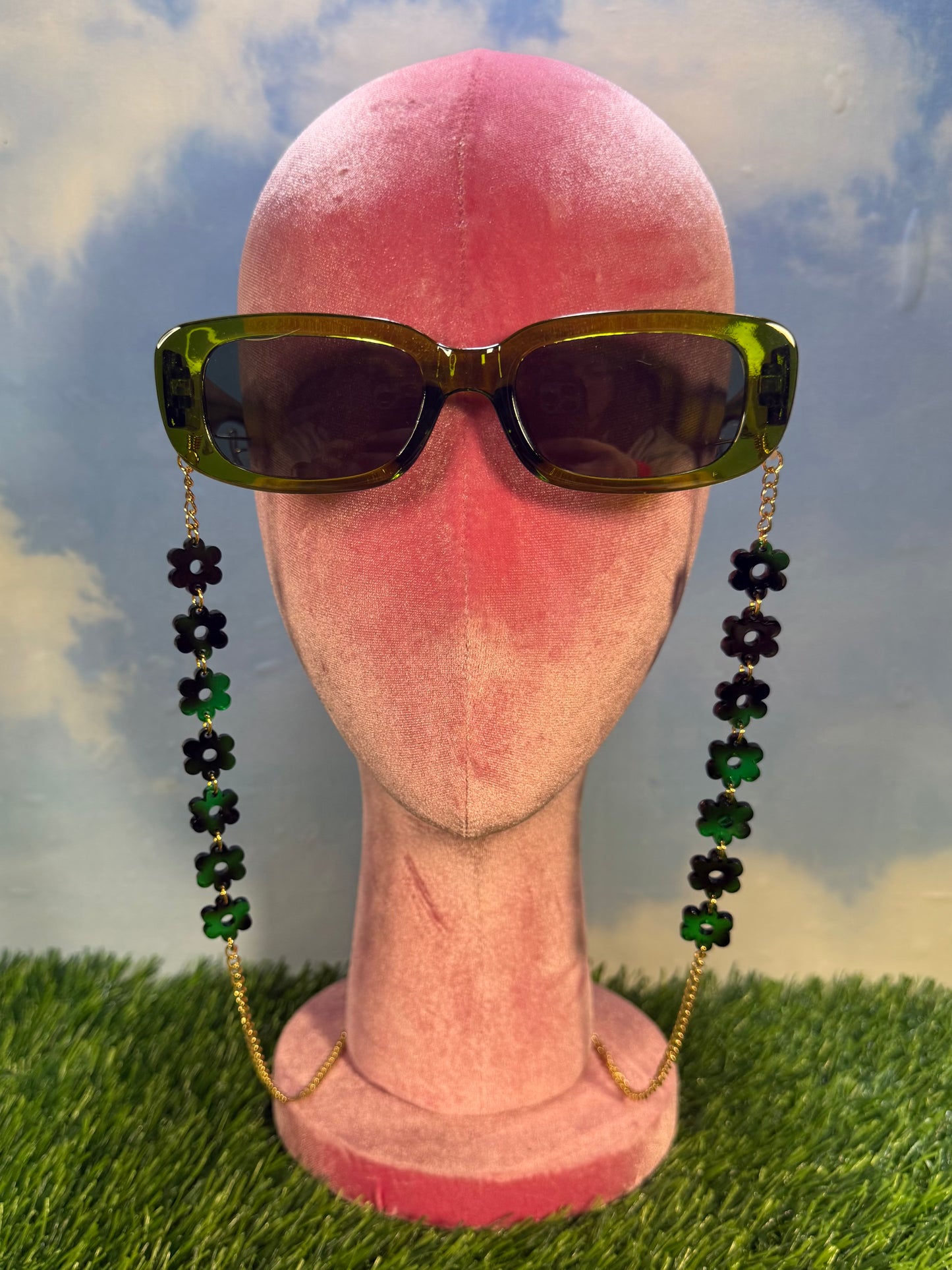 Green Tortoise Shell Flower Sunglasses Chain