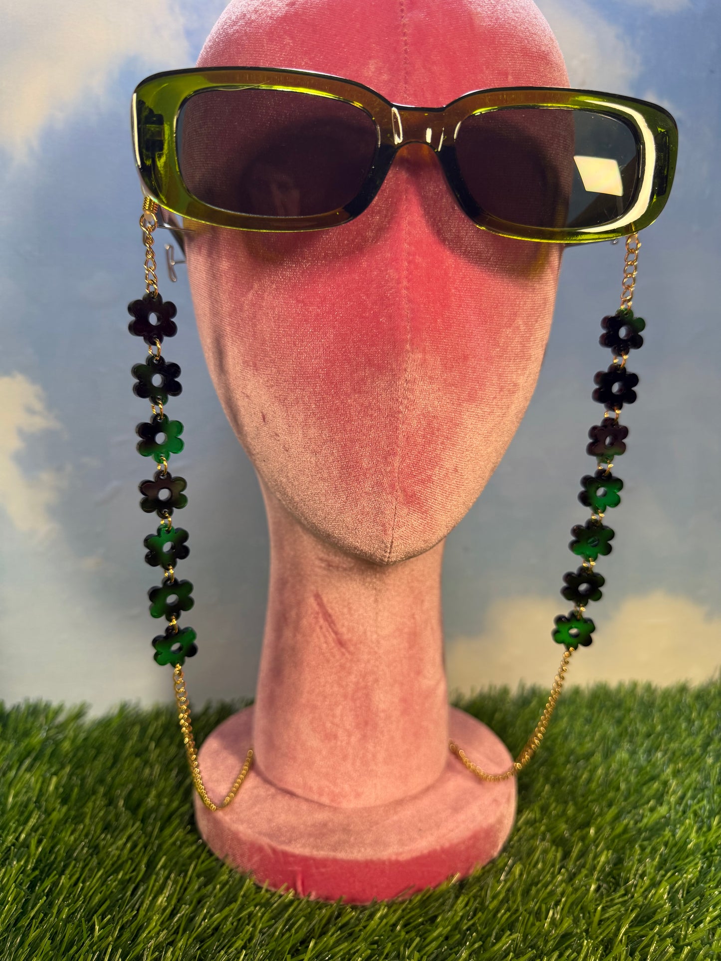 Green Tortoise Shell Flower Sunglasses Chain
