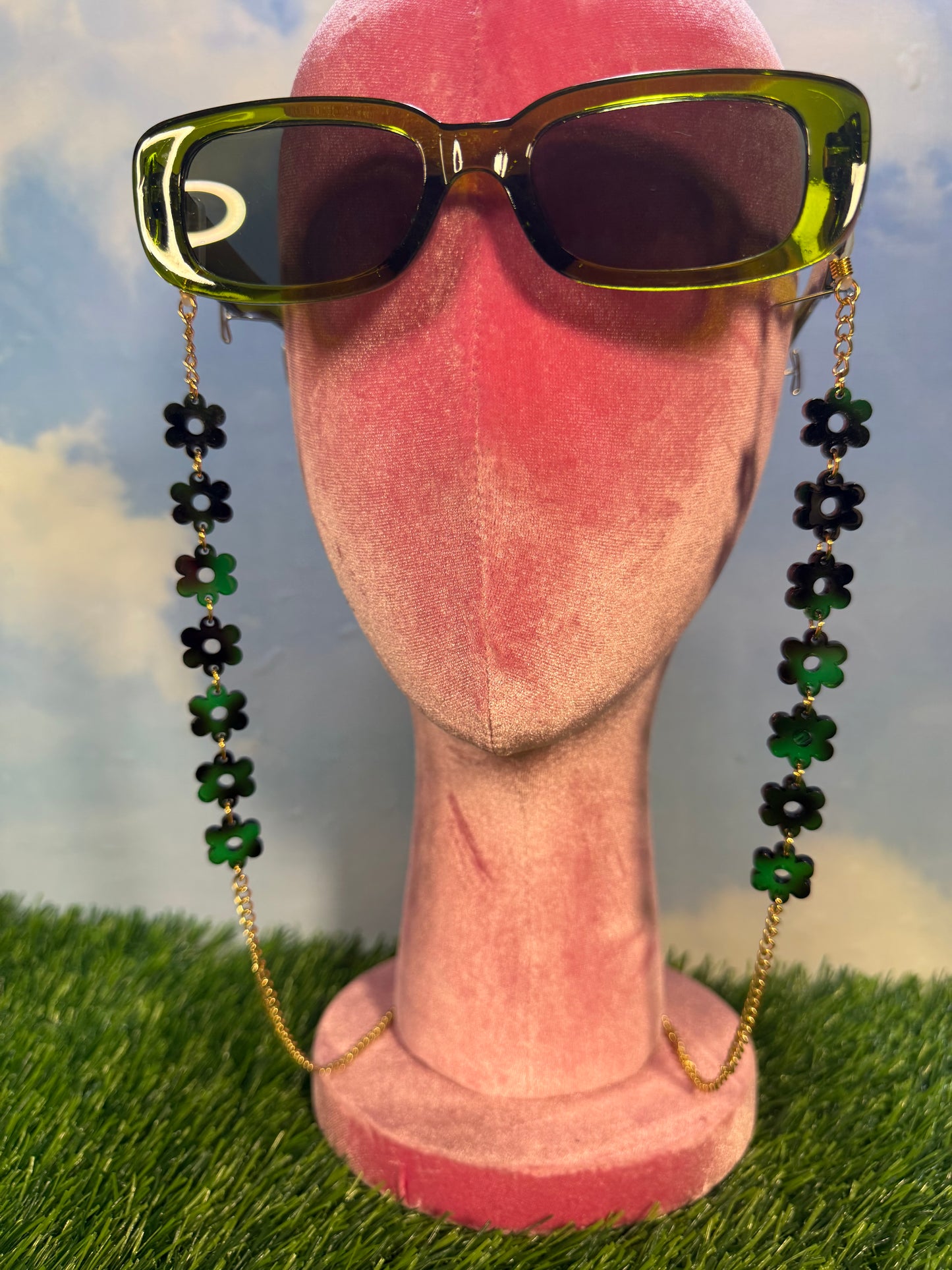 Green Tortoise Shell Flower Sunglasses Chain