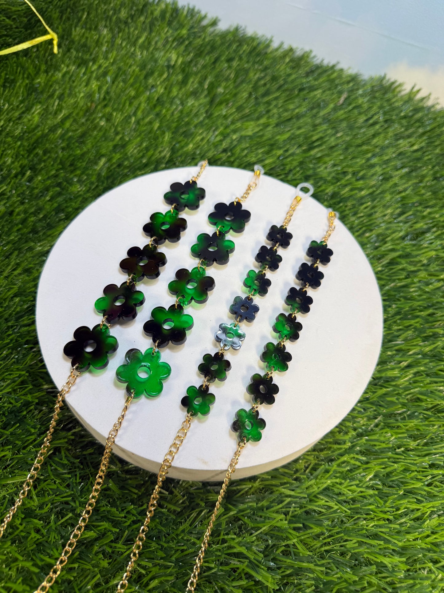 Green Tortoise Shell Flower Sunglasses Chain