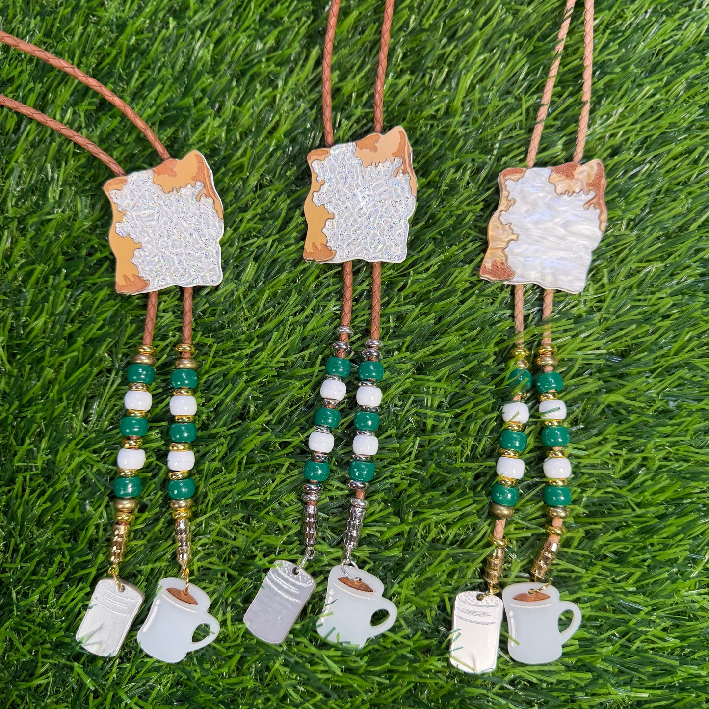 Beignet Bolo Tie - Green Beads and Charms