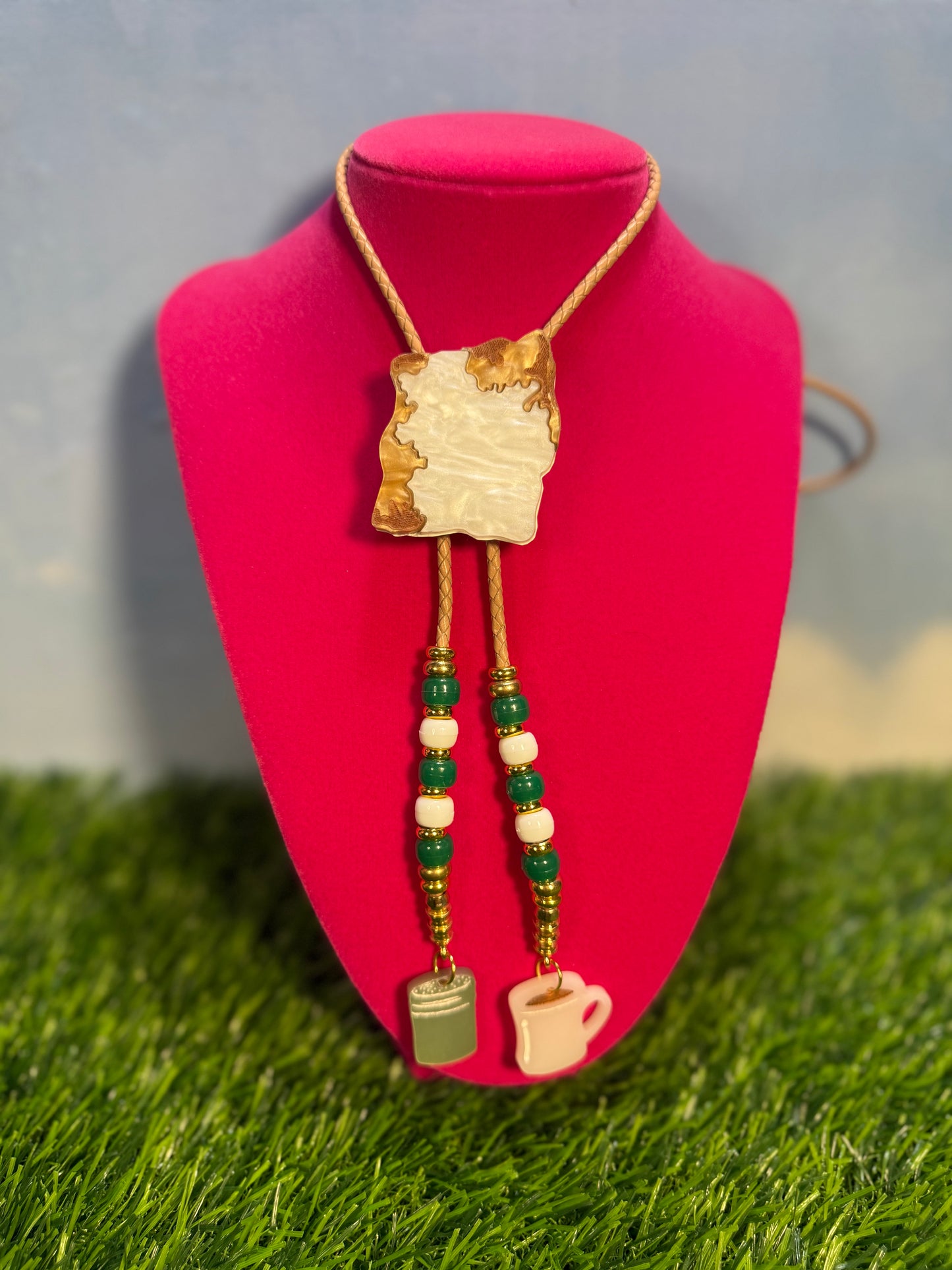 Beignet Bolo Tie - Green Beads and Charms