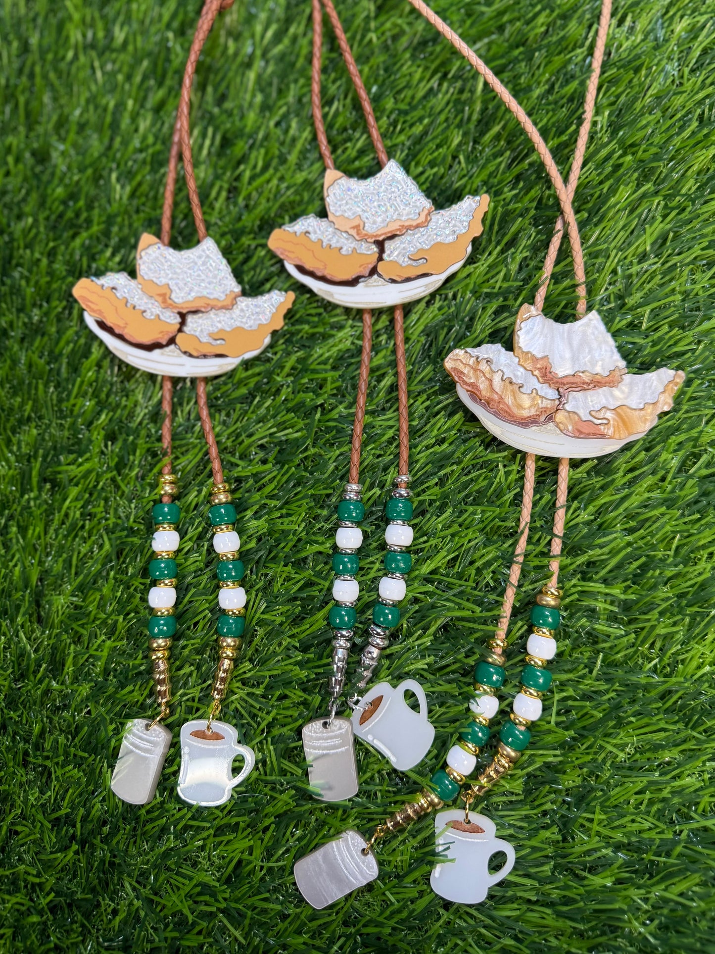 Order of Beignets Bolo Tie - Green Beads with Charms