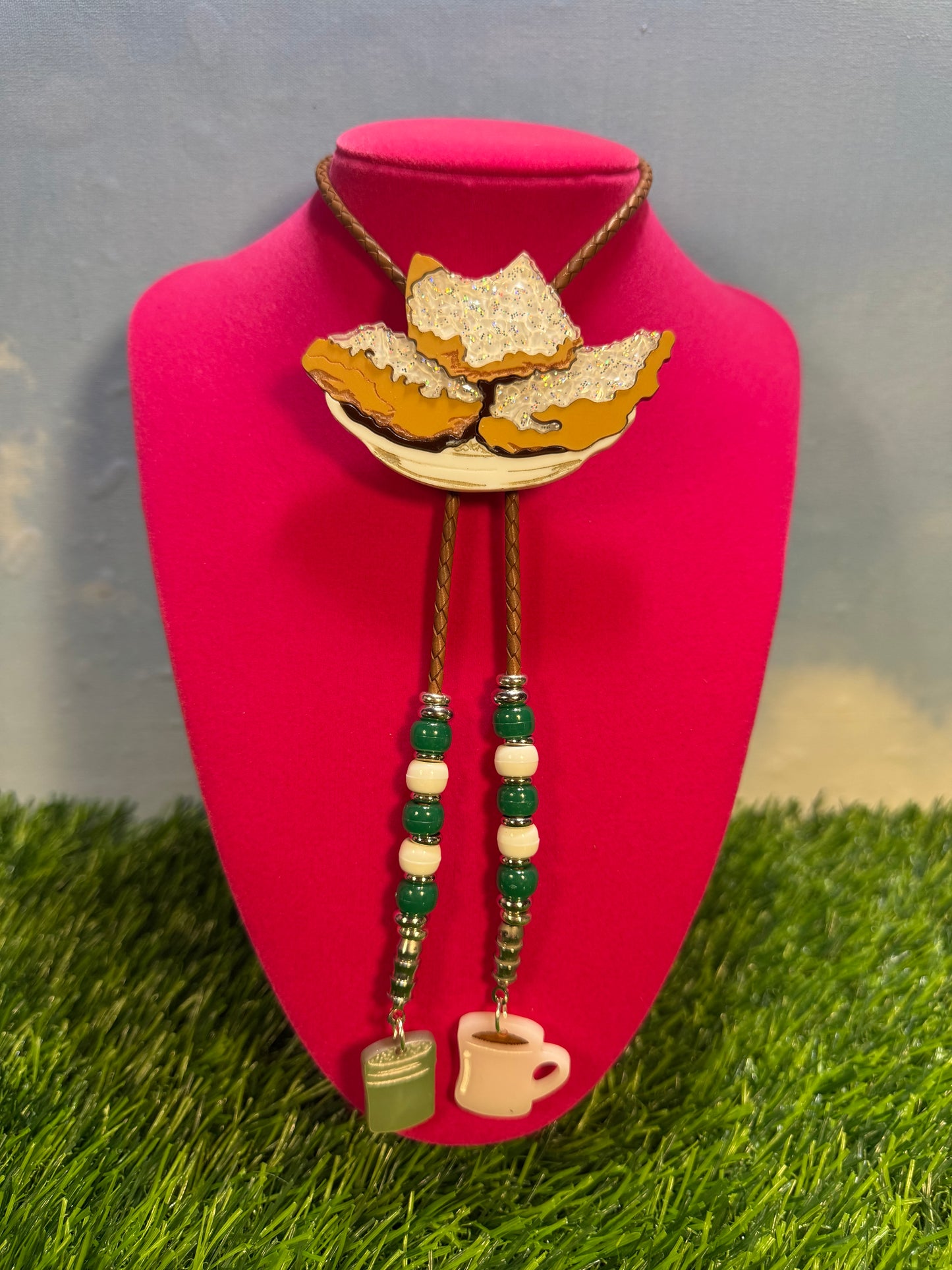 Order of Beignets Bolo Tie - Green Beads with Charms