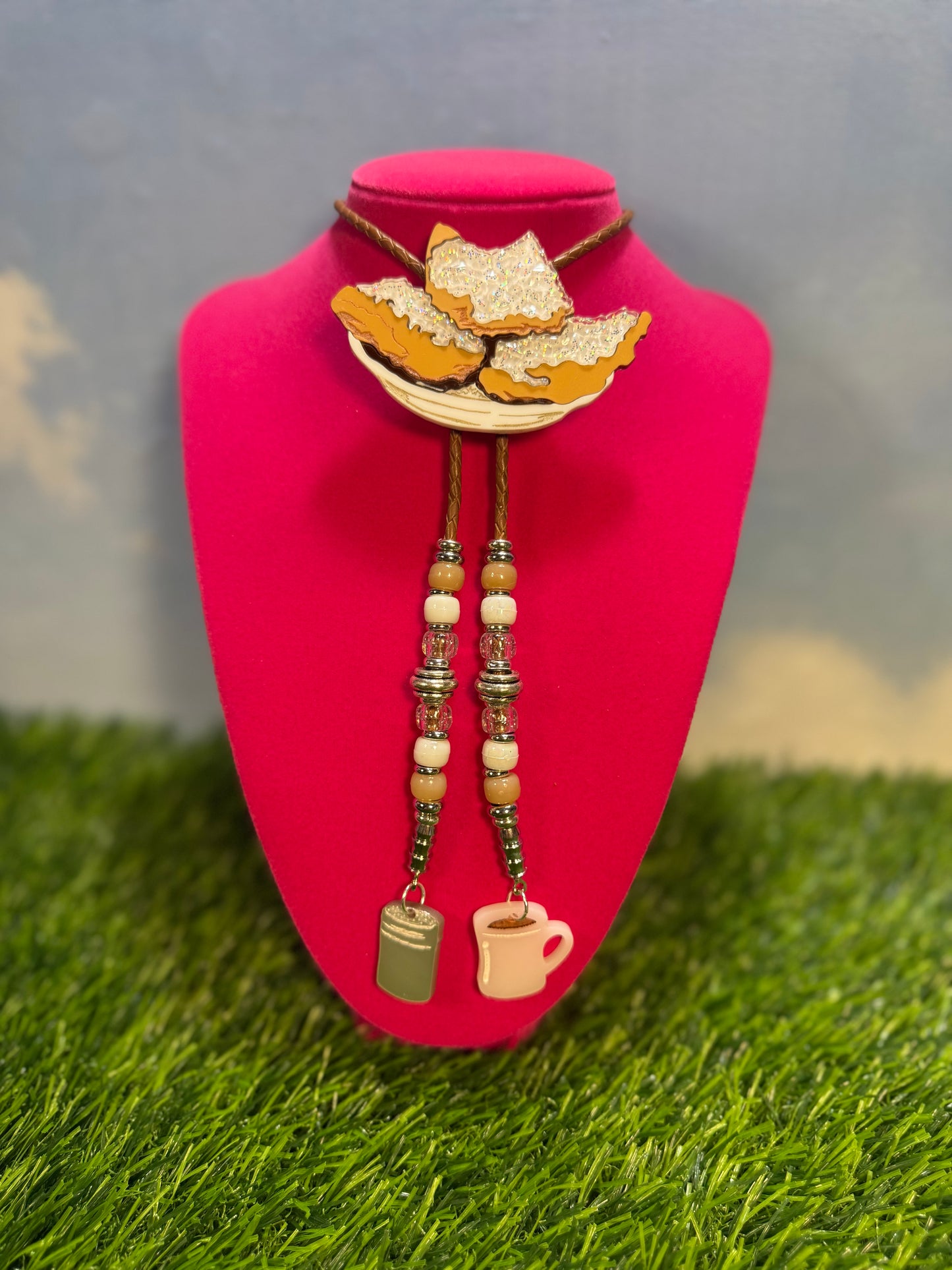 Order of Beignets Bolo Tie - Brown Beads with Charms